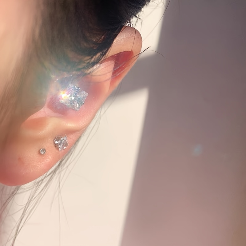 2pcs Stainless Steel Square Synthetic Zircon Stud Earrings